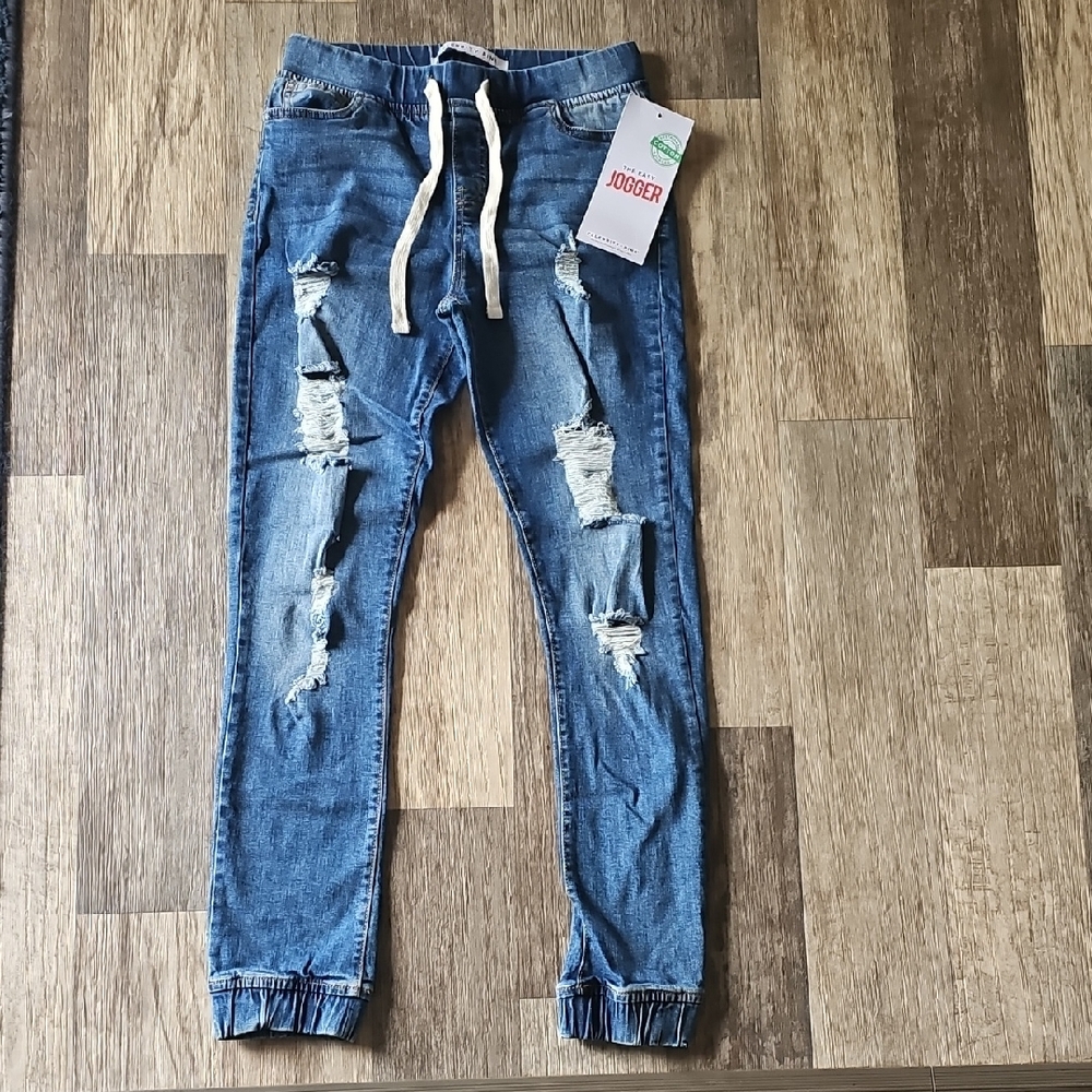 Celebrity Pink Blue Distressed Jogger Jeans with Elastic Waistband